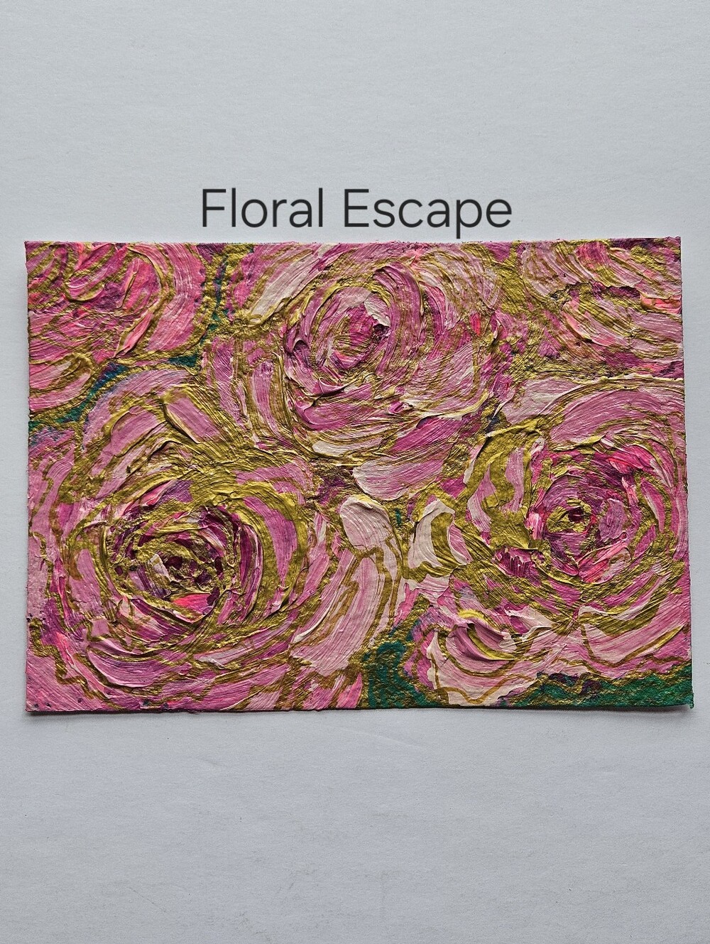 Floral Escape elegant 5" x 7" abstract acrylic floral painting pink gold outline